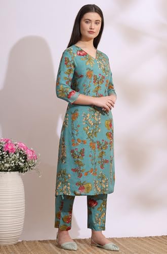 Image of W for Woman Reef Blue Floral Printed Modal Straight Kurta, Pants and Dupatta Set