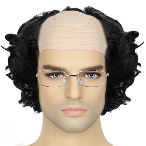 Gvhntk Short Curly Old Man Bald Cap Wig Mad Black Scientist Synthetic Balding Halloween Anime Cosplay Costume Wigs (Black)