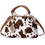 Tigpoy Cow Print Purse, Women's Leather Handbag, Top-Handle Satchel Purse with Crossbody Strap, Stylish Shoulder Bag for Work, Travel & Daily Use (Yellowish Brown)