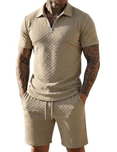 Image of URRU Mens Textured Polo Shirt and Shorts Sets Outfits 2 Piece Summer Tracksuits Casual Quarter Zip Golf Polo Shirts