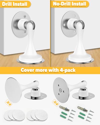 Image of Magnetic Door Stoppers for Bottom of Door - 4 Pack Stainless Steel Door Stops Holder Catch for Wall Floor Mount - Easy No Drilling Strong Adhesive & Screws Keep Door Open Home Office Hotel Bedroom