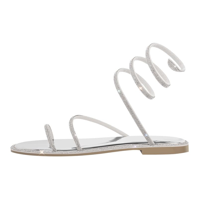 MissHeel Damen Flach Sandalen Runde Zehenkappe mit Schnürung und Strasssteinen