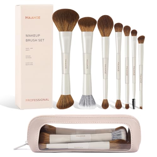 MAANGE Makeup Brushes 7-Piece Dual-Ended Makeup Brush Set with Travel Case Premium Synthetic Brushes for Foundation, Concealer, Eyeshadow & Blending, Beige