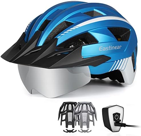 EASTINEAR Adults Bike Helmet with Magnetic Goggle Bicycle Helmet with USB Rechargeable LED Light for Men Women Cycling Helmet with Removable Sun Visor Adjustable Size (L: 57-61 cm, Metal Blue)
