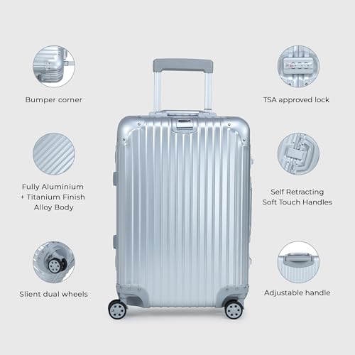 Image of Verage Luxe Secure Jet Full Aluminium Body (44 Liters) Cabin Size Luggage with Zipper Less Frame Closure & Dual TSA Clasp Locks Spinner Suitcase Trolley Bag (Silver, 20 inch / 57 Cms)
