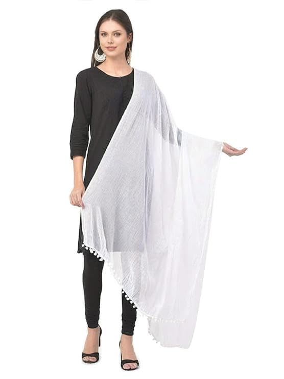 VinodRatna Women Pure Solid Cotton Dupatta With Pom Pom Border 2.25m (White, 2.25m) - Image 2 thumbnail