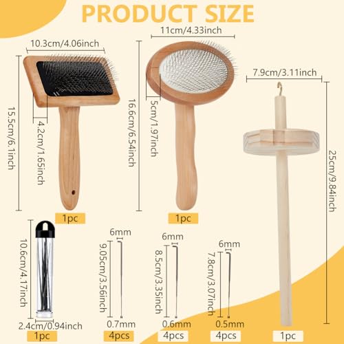Image of BENECREAT 4Pcs Wooden Wool Carder, Slicker Brush Wood Spinning Tool Felting Tool Kits with 12Pcs Craft Wool Needles for Yarn Blending, Spinning, Weaving Craft Project Supplies