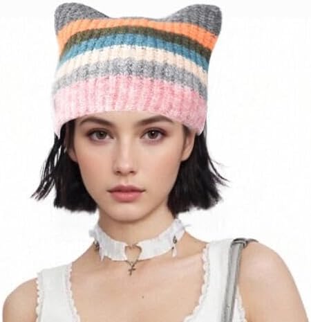 Womens Y2k Crochet Beanie Cat Hats Vintage Winter Cute Slouchy Colorful Beanies Grunge Emo Scene Accessories - Image 3