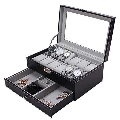 Boite à Montre À 2 niveaux PU Boîtes de rangement de montre à verrouillage en cuir - Hommes et femmes Cas d'affichage de bijoux - 12 emplacements de montres d'organisateur de machines à sous avec couv Cover