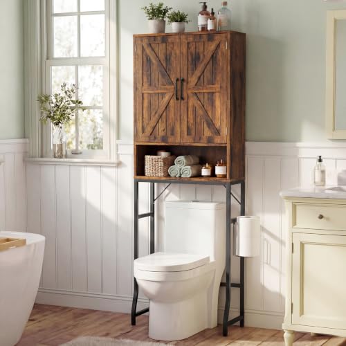 Over The Toilet Storage Cabinet,23.6″ W Bathroom Organizer, Brown | Farmhouse Bathroom Cabinet with Adjustable Shelves, Space Saver Toilet Storage Shelf for Bathroom, Restroom, Laundry