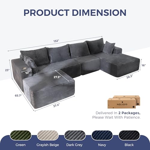 Image of MAXYOYO 132 inch Giant U-Shaped Modular Sectional Couch, Modern Boneless Couch for Living Room, Sofa in A Box, Oversized Sofa with Deep Seat, No Assembly Required, Dark Grey
