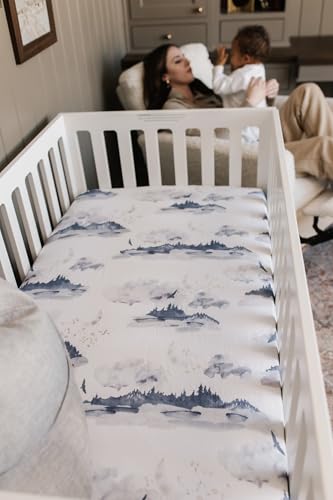 Image of Oilo Crib Sheet, Breathable 100% Turkish Cotton Fitted Jersey, 300 Thread Count, Machine Washable, Fits Standard Crib (28 inch x 52 inch x 6 inch), Toddler Bedding, Girl, Boy, & Neutral Nursery Design, Mountain