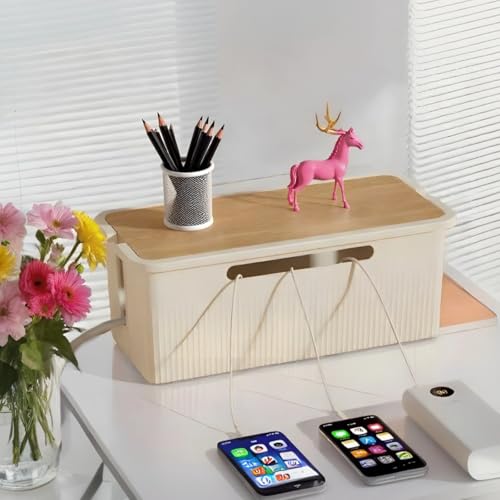 Large Cable Management Box Wooden Style Cord Organizer and Cover for TV Wires, Computer, Router, USB Hub and Under Desk Power Strip – Safe ABS Material and Baby-Pets Proof Lock (White)