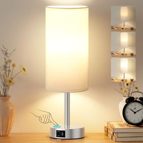 Image of PreeOtti White Bedside Lamp, Small Lamp with for Bedroom/Living Room/Study, Silver Base(Bulb Included)
