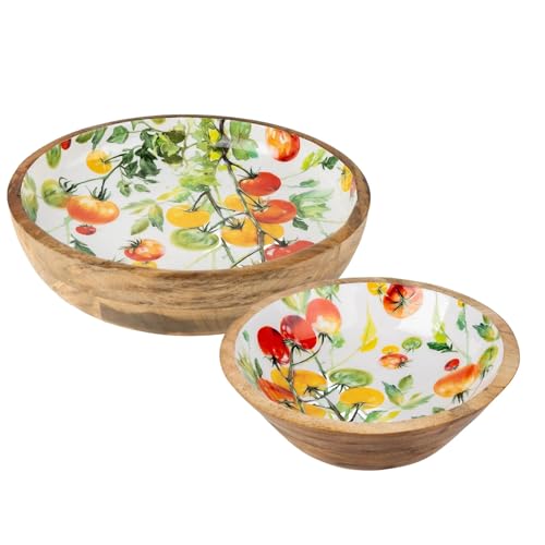 Carousel Home Set of 2 Mango Wood Serving Bowls with Tomato Enamel Interior, 30cm and 24cm Handcrafted Wooden Salad and Fruit Bowls