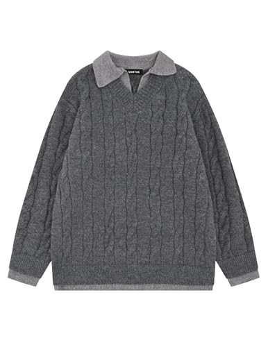 Vamtac Sweaters for Men Oversized Knit Sweater V Neck Stand-up Collar Pullover Cable Knitted Jumper Faux Two Tops Y2k