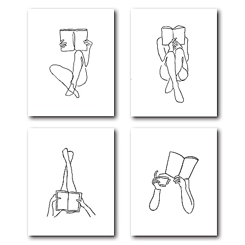 XWELLDAN Boho Minimalist Abstract Women Reading Book Line Drawing Wall Art Prints,Boho Reader Reading Gifts for Women,Reader Wall Art Decor for Home Reading Room,8 x 10 Inch Set of 4 Prints,Unframed