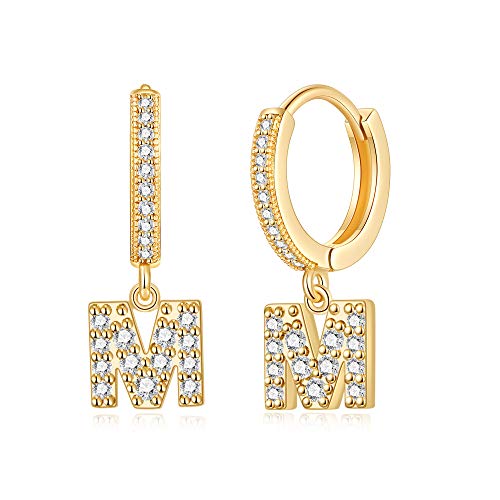 SANNYRA Initial M Hoop Earrings for Women, 14K Gold Plated CZ Letter Hypoallergenic Stud Earring, Trendy Jewelry Gifts