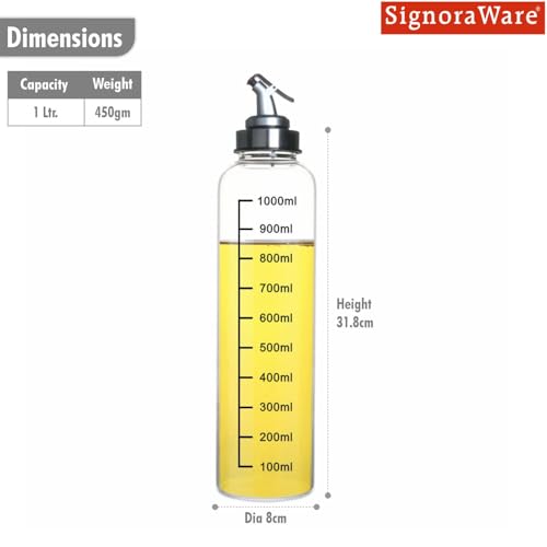 Image of SignoraWare Eze Flow Borosilicate Glass Oil Dispenser | Measurement Marking | Wide Bottleneck for Easy Reffiling | Lock Nozzle Lid | Essential oils | Grilling | Home & Restaurant use (1 ltr | Clear)