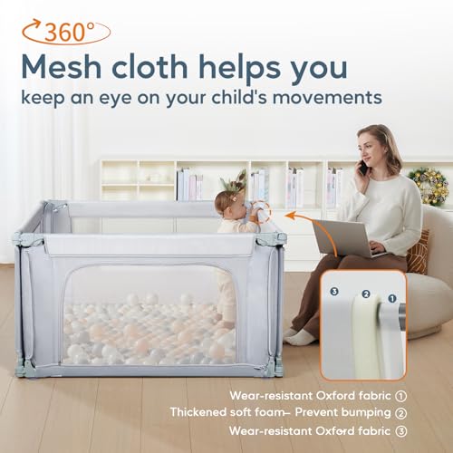 Image of Baby Playpen 47x47 Inch Playpen,Adjustable Playard for Babies and Toddlers,Small Baby Play Pens,Indoor Outdoor Play Yard for Infants with Zipper Door&360Mesh Cloth,Grey