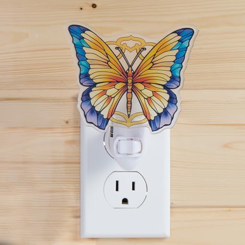 Image of Yellow Butterfly Night Light - Stained Glass Styled Plug-in Wall Light for Vertical Outlets - Real Glass, Warm Glow for Bedroom, Bathroom, Hallway - Gift for Butterfly Lovers