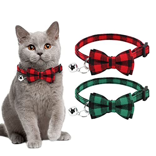 Collar Gato Personalizado,Collar Gato Antiahogo,2 Paquetes Collares para Gatos con Pajarita y Cascabel Collar Gato(18-25 cm (Paquete de 2), Rojo+Verde) Cover