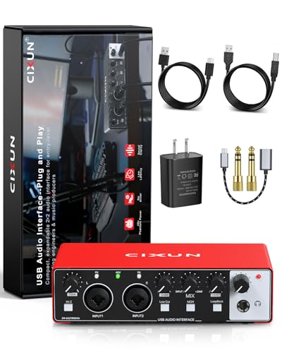 CIXUN 2x2 USB-C Audio Interface for PC/Mac Recording, 24-bit/192kHz, Dual TS/XLR Inputs, +48V Phantom Power, Studio/Podcast/Streaming(Matte Red)