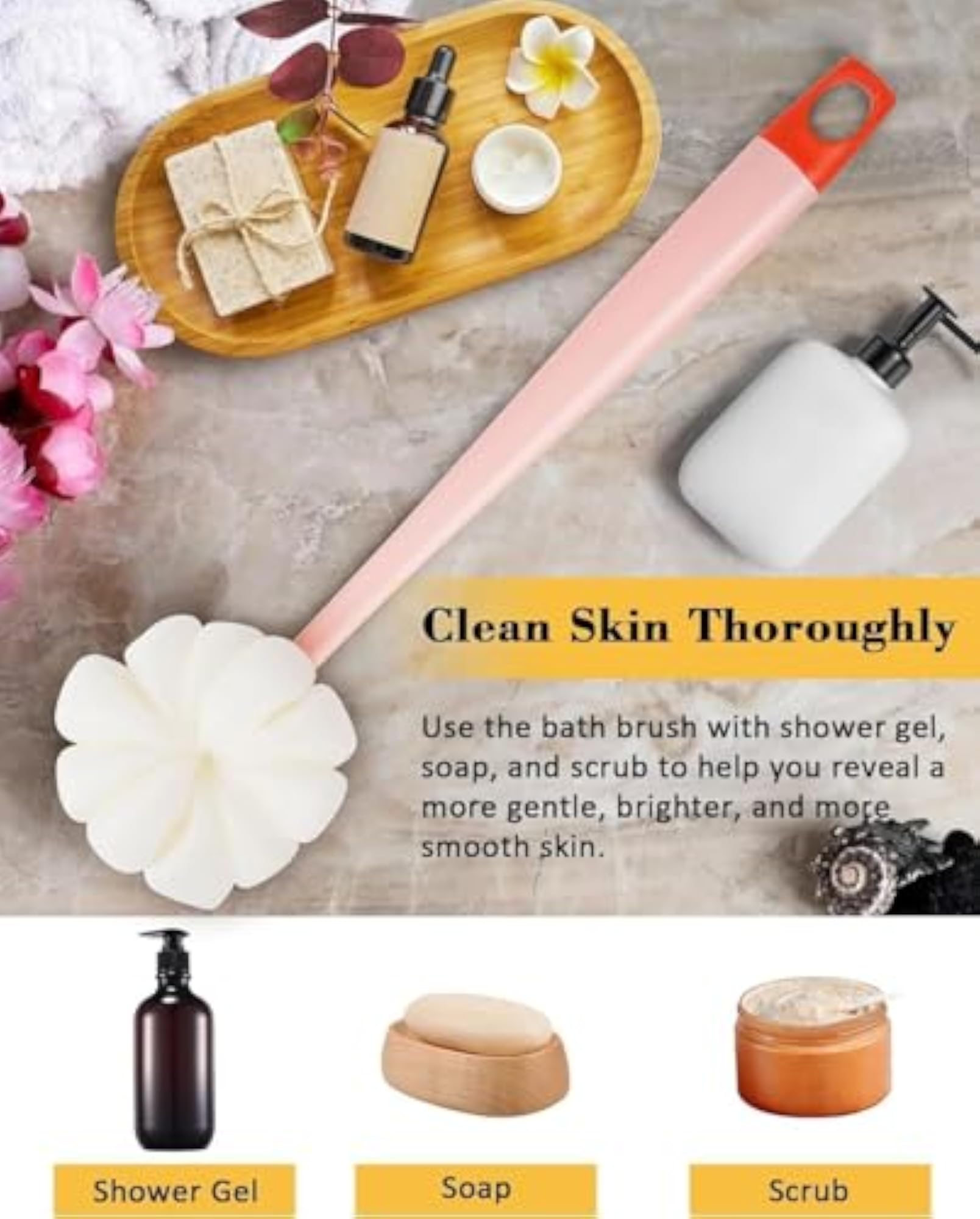 2-in-1 Body Bath Brush with Soft Bristles & Loofah, Long Handle