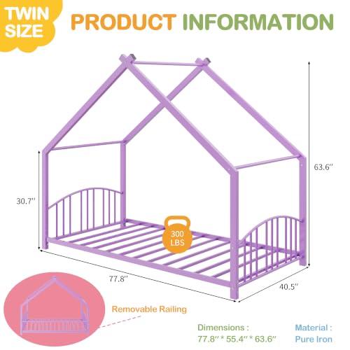 Image of Garvee Twin Size House Shape Bed Frame with Rail, Purple