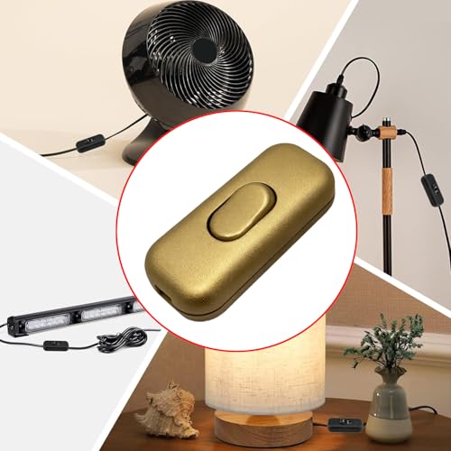 Powice Zwischenschalter mit Erdungsschutz, 250V 6A Schnurschalter für 2- und 3-adrige Netzkabel, Kabelschalter für Kleingeräte & Leuchten, Kippschalter mit Erdung, Gold