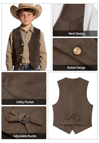Image of Retro Boys Western Cowboy Vest for Kids Leather Suede Waistcoat | vintage dress vests, welt pockets, v-neck, adjustable waist, formal slim fit, wedding outfit, farm christmas birthday prom