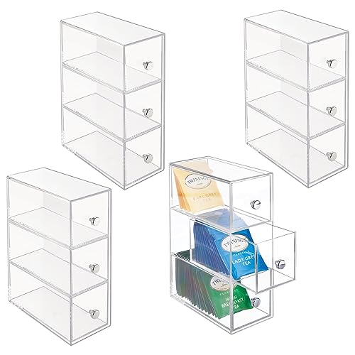 mDesign Plastic Kitchen Pantry Stackable Container, Cabinet, Countertop Organizer Storage Station with 3 Drawers for Coffee, Tea Bag, Sugar Packets, Creamers, Drink Pods, Packets - 4 Pack - Clear