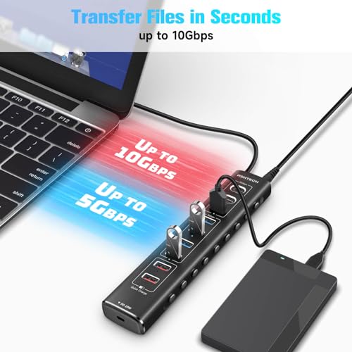 RSHTECH 60W Powered USB Hub, 10-Port USB-C Hub with 3x USB 3.2 10Gbps Data Ports (2C+1A) - Image 3