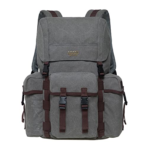 KAUKKO Canvas Retro Rucksack Damen Herren, Vintage Jagdrucksack Wanderrucksack mit 14 Zoll Laptopfach für Arbeit, Ausflüge, Uni, 18L, Grau-K1017