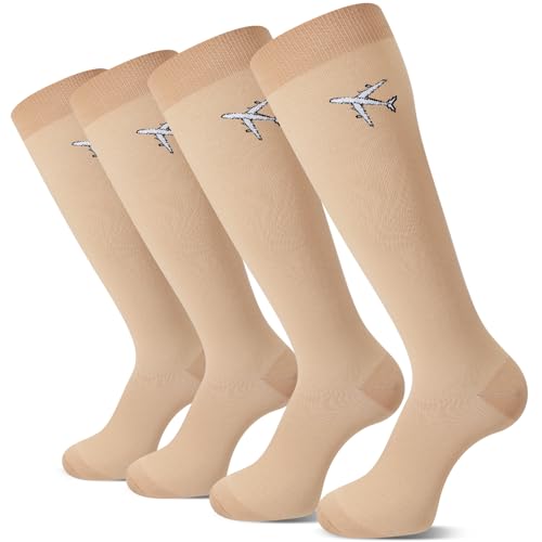 Skicuff 2 Pairs Travel Compression Socks for Women Men 15-25 Mmhg Graduated Knee High Airplane Socks Fight Travel Accessories(Skin Tone)
