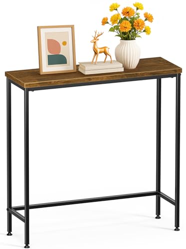 VOUNOT® Mesa de Consola Estrecha 75x24x75cm Mesa Auxiliar de Entrada Metal y MDF, Mesita Exposición Patas Ajustables, Extremo de Sofá Diseño Industrial para Recibidor Salón Pasillo Dormitorio, Marrón