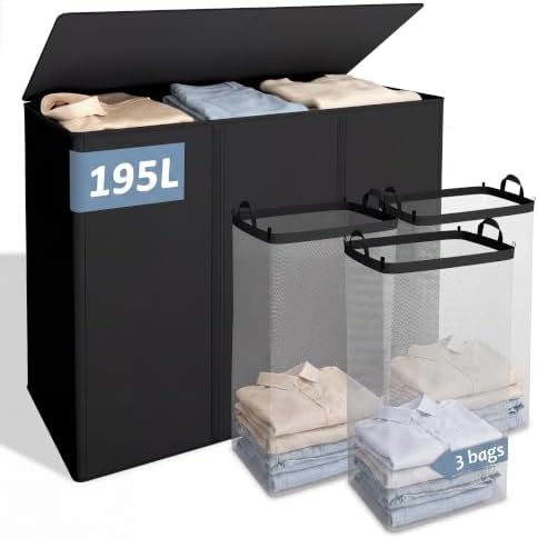 iEGrow Wäschekorb 3 Fächer 195L, Großer Wäschesammler mit Deckel und Innentasche, Wäschekörbe für Waschküche, Schlafzimmer, Badezimmer (Schwarz)
