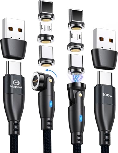 Magnilink 360 PRO Magnetic Charging Cable 100W Fast Charge (2-Pack) USB C Micro Magnet Connector, Data Transfer, Charge All Your Devices (Onyx Black)