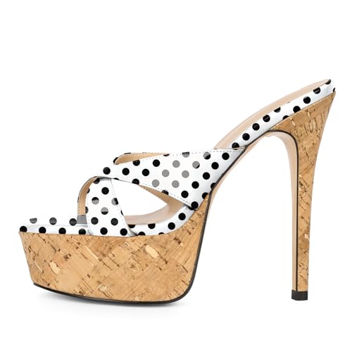 Image of Esvowido Heeled Mules for Women Cork Platform Stiletto Heels Slip on Open Toe High Heeled Sandals Crisscross Slippers Pumps Shoes