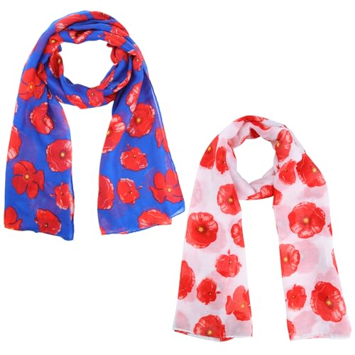 Cozypower 2 Pcs Veterans Day Red Poppy Flower Scarfs for Women Memorial Day Florals Shawl Wraps Lightweight Sheer Floral Scarf Poppy Flower Gifts Long Scarfs for Women Men Veterans Gift