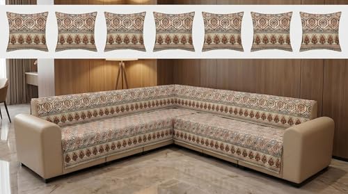 Image of Luxury Sofa Cover L Shape 7 Seater with Matching Cushion Cover 16x16 inch - Ivory Moroccan Hexagon 4+3 Seater (7 Seater) Quilted Sofa Cover Set Pack of 12, Washable, Ivory Rust