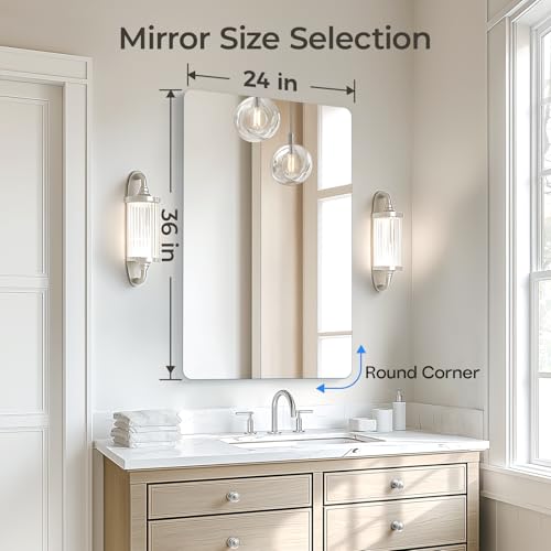 Image of USHOWER Frameless Bathroom Mirror for Over Sink, 24x36 Inch Rectangle Wall Vanity Mirror for Bathroom, Bedroom, Entryway, Polished Edge, Tempered Glass | 24x36 Inch Rectangle Wall Vanity Mirror for Bathroom, Bedroom, Entryway, Polished Edge, Tempered Glass, Hardware Inclued