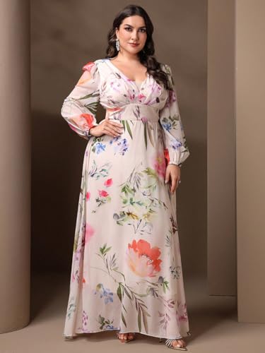 Image of Spring Summer 2024 Plus Size Womens Dresses V Neck Casual Elegant Long Sleeve Floral Print Maxi Dress
