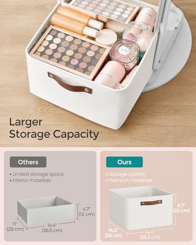 SONGMICS 360° Swivel Mirrored Jewelry Cabinet with Lights, Full-Length Mirror with Jewelry Storage, Standing Jewelry Armoire Organizer, with Large Storage Basket, Makeup Shelf, Cloud White UJJC018W01