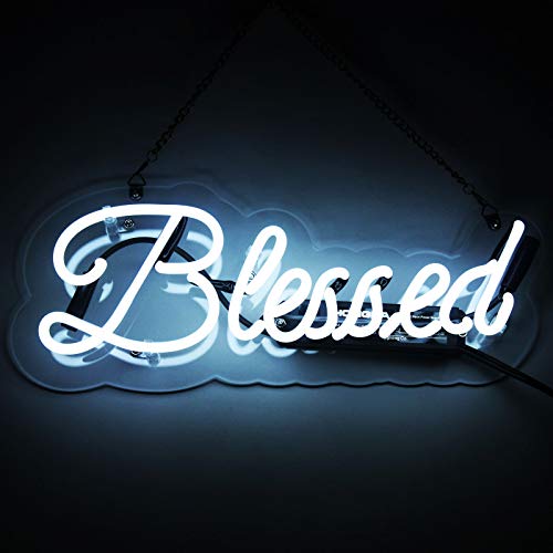 Blessed Neon Sign 15 x 4 Inch Handmade Glass 3D Visual Effect White Neon Light Plug-in Novelty Night Light Hanging Decorative Sign for Bedroom Home Church Club Wall Office Wedding Party Love Gift