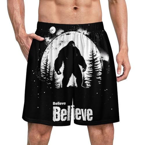 Bigfoot Believe Men's Pajama Shorts Ice Silk Lounge Sleep Bottoms Printed Sleepwear Pants