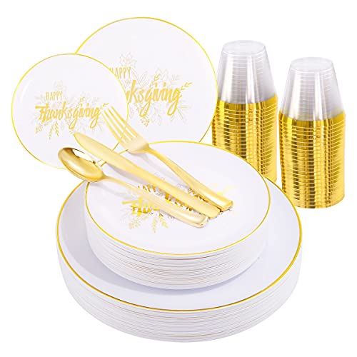 Bucla 150Pcs Gold Thanksgiving Plates With Disposable Plastic Silverware - White And Gold Plastic Dinnerware Including 25Dinner Plates, 25Dessert Plates, 25Forks, 25Knives, 25Spoons And 25Cups #TOP13
