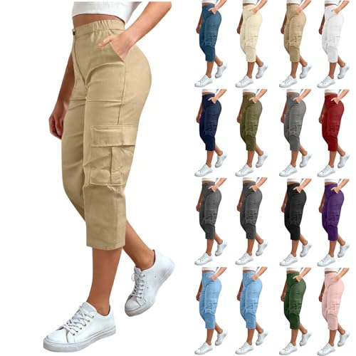 Capri Pants for Women Cargo Capri Pants Women Baggy High Waisted Tummy Control Capris Jeans with Pockets Hiking Button Elastic Waist Capris