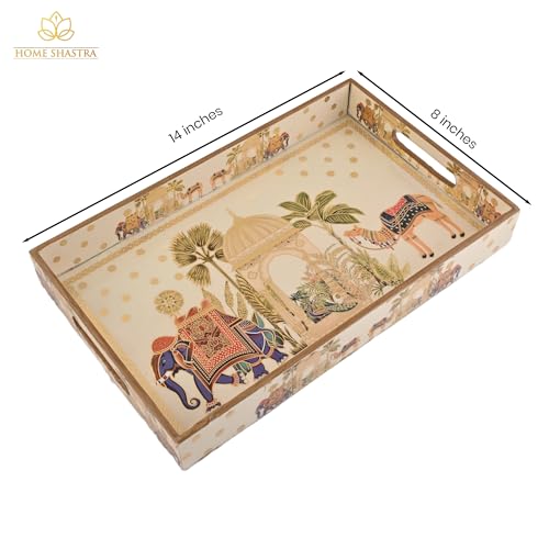 Image of Wooden Serving Tray with Gold Engraving | Set of 1 | Size :14 x 8 inch | Enamel Coated Waterproof | Rectangular | Decorative Trays | Royal Camel Medium