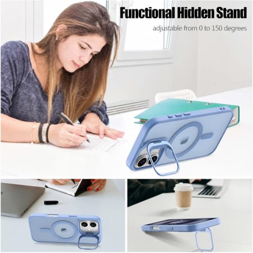 Image of Elzzi Kickstand Case for iPhone 16 Case Compatible with MagSafe, Built-in Adjustable Camera Guard Stand, Translucent Matte Anti-Fingerprint Heavy Duty Shockproof Phone Cover - Official Blue
